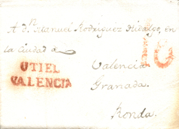 D.P. 19. Utiel. 1839. Carta A Ronda. Marca "Utiel/Valencia" En Color Rojo (P.E. 1). Rarísima Y De Lujo. - ...-1850 Prephilately