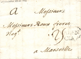D.P. 19. Murviedro. 1773. Carta A Marsella. Marca "V/VALENCIA" (P.E. 2). Muy Bonita Y Rara. - ...-1850 Prephilately