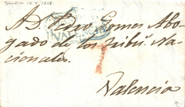 D.P. 19. Gandía. 1838. Carta A Valencia. Marca "GANDIA/VALENCIA" (P.E. 5) En Color Azul. Rara. - ...-1850 Prephilately