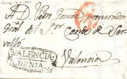 D.P. 19. Denia. 1824. Carta De Jávega A Valencia. Marca "VALENCIA/DENIA" (P.E. 6). Lujo. - ...-1850 Prephilately