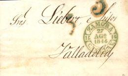 D.P. 14. 1844. Zamora. Carta A Valladolid. Fechador Baeza En Color Verde (P.E. 10). Excepcional Estampación. - ...-1850 Prephilately