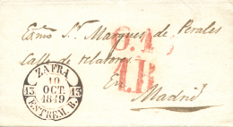 D.P. 13. 1849. Zafra. Carta A Madrid. Fechador Baeza En Color Rojo/negro (P.E. 8). Excepcional Calidad De... - ...-1850 Préphilatélie