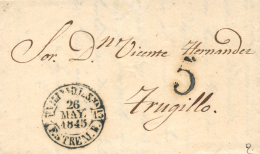 D.P. 13. 1845. Villanueva De La Serena. Carta A Trujillo. Fechador Baeza En Color Negro (P.E. 5). Porteo "5" En El... - ...-1850 Vorphilatelie