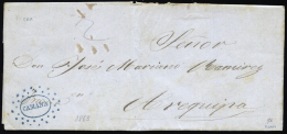 PERU. Carta Circulada Sin Franqueo, Circulada A Arequipa,el 29/9/1863. Mat. "CAMANA" En Azul. Marquilla Lamy.... - Peru
