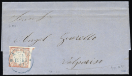 PERU. Ø 8 En Carta Completa Circulada A Valpariso, El 23/1/1867. Mat. Fechador En Azul "ARICA". Marquilla... - Peru