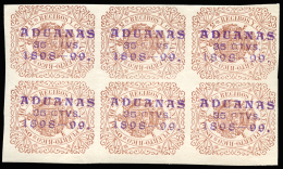 PUERTO RICO. Recibos Y Cuentas. 1898. Sobrecarga Manual "Aduanas". Bloque De 6. Raros. Nuevos. Peso= 15 Gramos. - Revenue Stamps