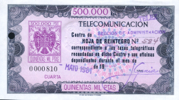 Reintegro Telegráfico. 500.000 Ptas. No Catalogado. Inutilizado Con Taladro. Escudo Marca De Agua.... - Revenue Stamps