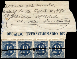 Impuesto De Guerra. 10 Ptas. Azul. Tira De 4. Borde Superior De Hoja, Donde Hay Manuscrito "apruebo Esta Muestra".... - Fiscale Zegels