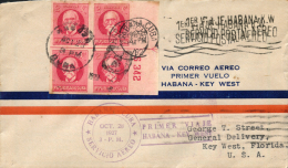 CUBA. Carta Circulada Primer Vuelo "Habana - Key West", En 1927. Franqueado Con Bloque De 4 Sin Dentar, Borde De... - Other & Unclassified