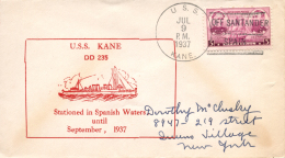 1937. Sobre Con Mat. "U.S.S. Kane - Off. Santander - Spain". Muy Raro. Peso= 15 Gramos. - Covers & Documents