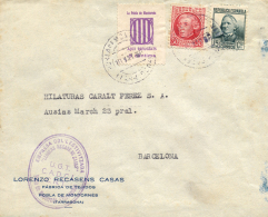 Carta Circulada De Pobla De Montornés A Barcelona, El 28/5/38. Franqueo Mixto Con Viñeta. Marca De... - Covers & Documents
