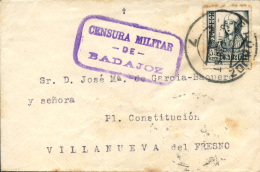 Carta Circulada De Badajoz A Villanueva Del Fresno, El 6/1/38. Marca De Censura. Al Dorso Sello Del Obispado De... - Covers & Documents