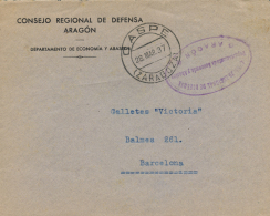 Frontal Circulado De Caspe A Barcelona, El 28/3/37. Rarísima Marca De Censura "Consejo Regional De Defensa -... - Covers & Documents