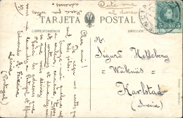 173(4) Y 241(3, Uno En El Dorso) En Tarjeta De Valencia A Suecia, El Año 1927. Mancha Producida Por Celo En... - Covers & Documents