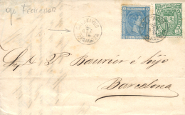 164 Y 154 En Carta Circulada De Calatayud A Barcelona, El 21/2/1876. Fechador Invertido. Peso= 15 Gramos. - Covers & Documents