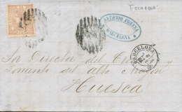 96 En Carta De Barcelona A Huesca, El 8/7/1868. Fechador Invertido. Peso= 15 Gramos. - Covers & Documents