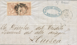 96 (pareja) En Carta Circulada De Barcelona A Huesca, El 26/6/1868. Fechador Inclinado E Invertido. Peso= 15... - Covers & Documents