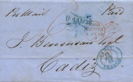 1859. Carta De Liverpool A Cádiz. Fechador CADIZ / FRANCO Y Marca FRANCO En Azul De Uso General. Muy Rara.... - Covers & Documents