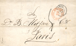 Carta Circulada De Cádiz A París, El Año 1859. Muy Bonita. Peso= 15 Gramos. - Covers & Documents