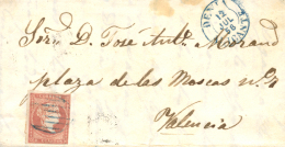 48 En Carta De Denia A Valencia, El 12/7/1858. Mat. Y Parrilla Azul. Tipo 1854. Peso= 15 Gramos. - Covers & Documents