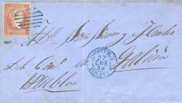 48 En Carta De Torrevieja A Puebla, El 27/1/1858. Mat. En Azul Tipo 1854. Muy Bonito. Peso= 15 Gramos. - Covers & Documents
