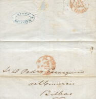 1853. Carta De Saint John's (Newfouland) A Bilbao. Encaminada En Cádiz Por "M. Bellamy". Peso= 15 Gramos. - Covers & Documents