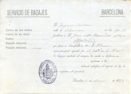 1879. Recibo De Bagaje De Barcelona A Castellón De La Plana. Peso= 15 Gramos. - Lettres & Documents