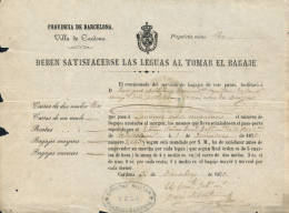1879. Recibo De Bagaje De Cardona. Peso= 15 Gramos. - Lettres & Documents