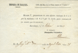 1859. Aviso Del Servicio De Bagajes De Barcelona. Interesante Y Rara. Peso= 15 Gramos. - Lettres & Documents