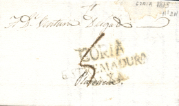 D.P. 13. 1815. Envuelta Circulada De Coria A Plasencia. Marca P.E. 2. Porteo 5. Peso= 15 Gramos. - ...-1850 Prephilately