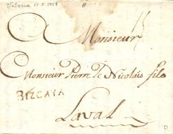 D.P. 10. 1758. VITORIA A Laval (Francia). Marca BIZCAYA (PE 6). Magnífica. Carta Sin Portear. Muy Rara.... - ...-1850 Préphilatélie