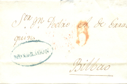 D.P. 10. 1843. MONDRAGÓN A Bilbao. Marca Oval En Color Azul (PE 12). Preciosa. Peso= 15 Gramos. - ...-1850 Prephilately