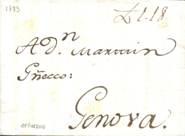 D.P. 1. 1783. Carta De Madrid A Génova. Marca MADRID 10 (P.E. 11) Al Dorso. Rarísima. Peso= 15... - ...-1850 Voorfilatelie