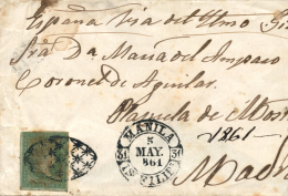 FILIPINAS. Ø 3(Antillas) En Envuelta Circulada De Manila A Madrid, El 5/5/1861. Mat. Parrilla Colonial Y... - Philippines