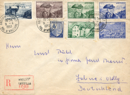 Carta Certificada Circulada De Andorra La Vella A Alemania, El 9/4/1953. Al Dorso Llegada. Bonito Y Raro Franqueo.... - Oblitérés