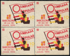 BARCELONA. **. Olimpiada Popular. Bloque De 4. Esquina De Pliego. Lujo. Peso= 15 Gramos. - Spanish Civil War Labels