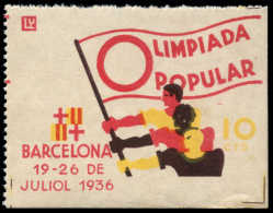 BARCELONA. **. Olimpiada Popular. Bonita. Esquina De Pliego. Dentado Superior Irregular. Peso= 15 Gramos. - Spanish Civil War Labels