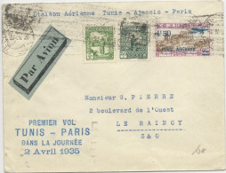 TUNISIE - 1935 - POSTE AERIENNE - ENVELOPPE Par AVION 1° VOL TUNIS à PARIS Dans La JOURNEE - Covers & Documents