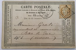 CARTE PRÉCURSEUR Pour BAR LE DUC Avec MARQUE DES BUREAUX DE POSTE DES GARES Affranchissement Type Cérès Septembre 1875 - Precursor Cards