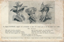 Femmes Au Chapeau Publicité CHAPEAU BARBARE Litho Ligue Des Oiseaux - Mercaderes