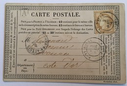 CARTE PRÉCURSEUR Pour COTE D'OR Avec Marque CARRE LETTRE A Affranchissement Type Cérès Avril 1876 - Precursor Cards