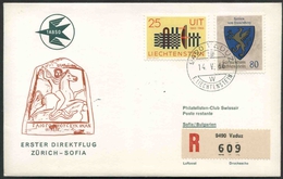 1966 Liechtnstein, Primo Volo First Fly Erster Direktflug Zurigo - Sofia, Timbro Arrivo - Lettres & Documents