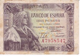 BILLETE DE ESPAÑA DE 1 PTA DEL 15/06/1945 ISABEL LA CATÓLICA SERIE A (BANK NOTE) - 1-2 Pesetas