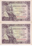 PAREJA CORRELATIVA DE 1 PTA DEL 15/06/1945 ISABEL LA CATÓLICA SERIE J SIN CIRCULAR-UNCIRCULATED (BANK NOTE) - 1-2 Peseten