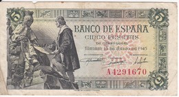 BILLETE DE ESPAÑA DE 5 PTAS DEL 15/06/1945 SERIE A  (BANKNOTE) - 5 Pesetas