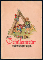 8569 - Alte Glückwunschkarte - Schulanfang - Kinder Mit Ranzen Und Spielzeug - Primero Día De Escuela