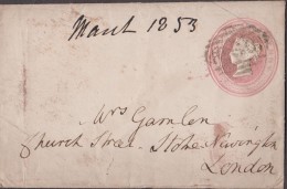 An 1853 'Penny Pink' Envelope To  "Mrs Garnlen, Church Street, Stoke Newington"  Ref 0120  Price Adj 9th July 2021 - Storia Postale