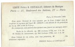 SUR ENTIER POSTAL 1892.. REPIQUAGE ENOCH FRERES & COSTALLAT EDITEURS DE MUSIQUE PARIS.  TBE..SCAN - Cartes Postales Repiquages (avant 1995)