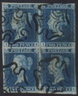 1841 2d Blue Plate 3 "IK/JL" BLOCK OF FOUR With Margins To 3 Sides (touching/just Into At Right) Cancelled By... - Otros & Sin Clasificación