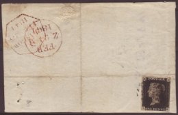 1840 1d Intense Black 'SK' Plate 8, SG 2, Fine Used With 4 Margins Tied To Large Piece By Black MC Cancellation,... - Unclassified